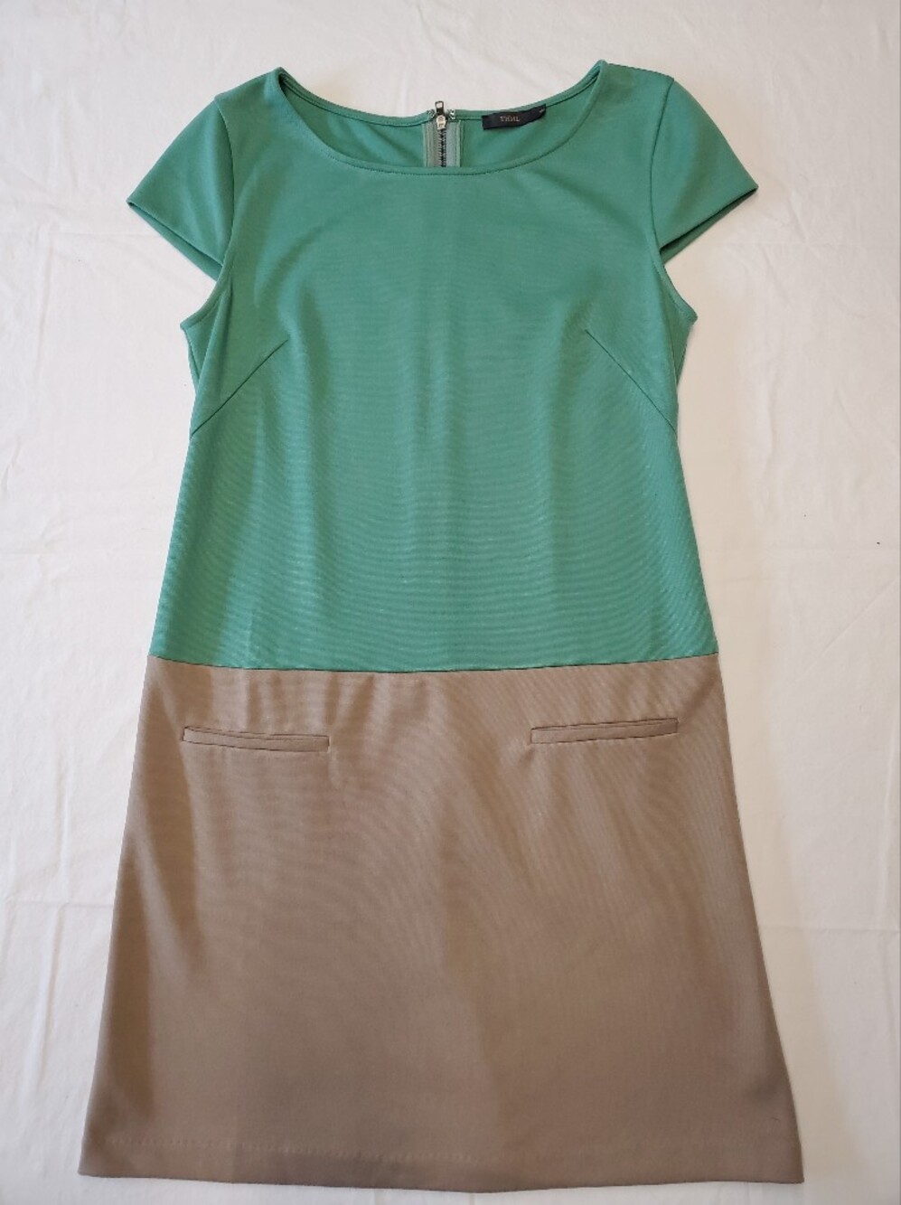 THML Colorblock Dress Green Taupe Short Sleeve Size M Back Zip